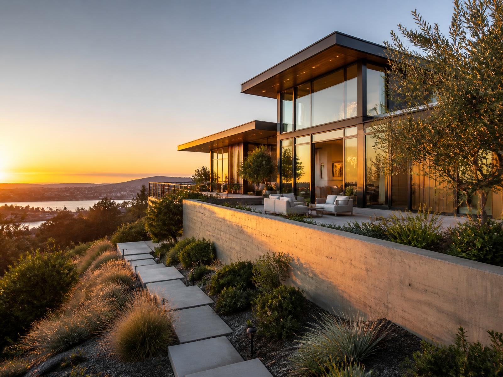 Modern Bay Area hillside home with warm natural light at golden hour